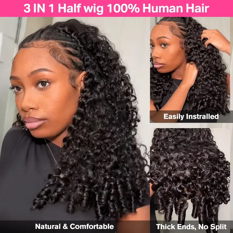 

Burmese Curly Half Wig Glueless Wig 3 IN 1 Half Wigs With Drawstring Clip Raw Human Hair for Black Women
