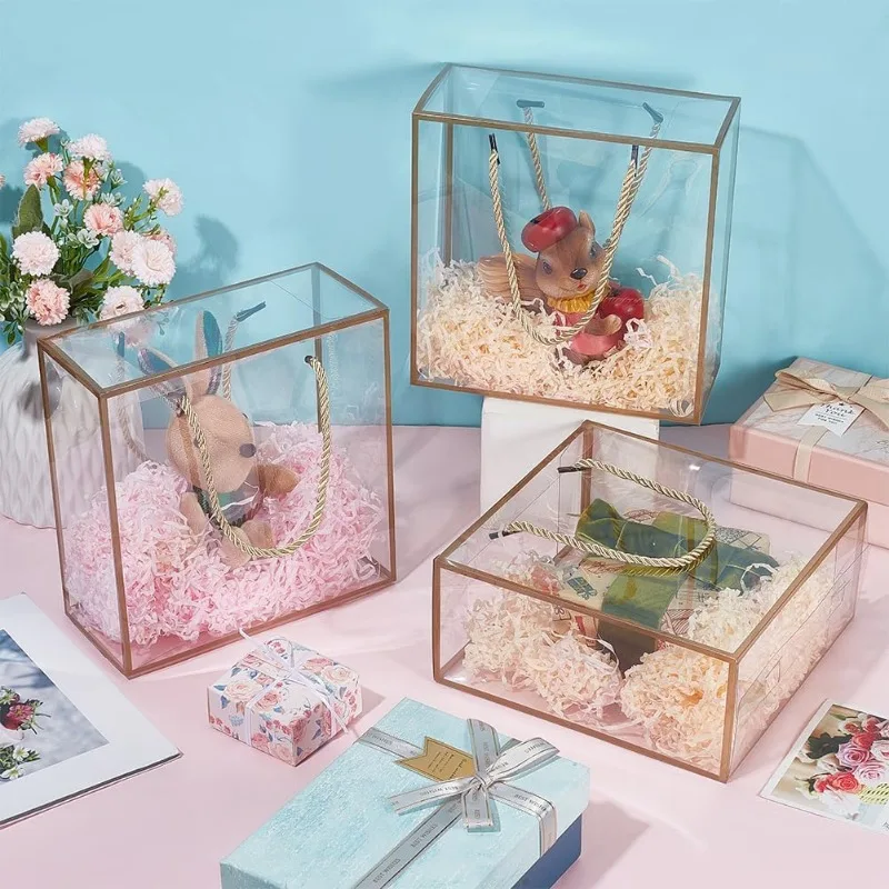 10 Packs Clear PP Plastic Gift Box 7.8x7.8x3.5 Inch Treat Gift Boxes with Gold Border and Handle Favor Box with Cord