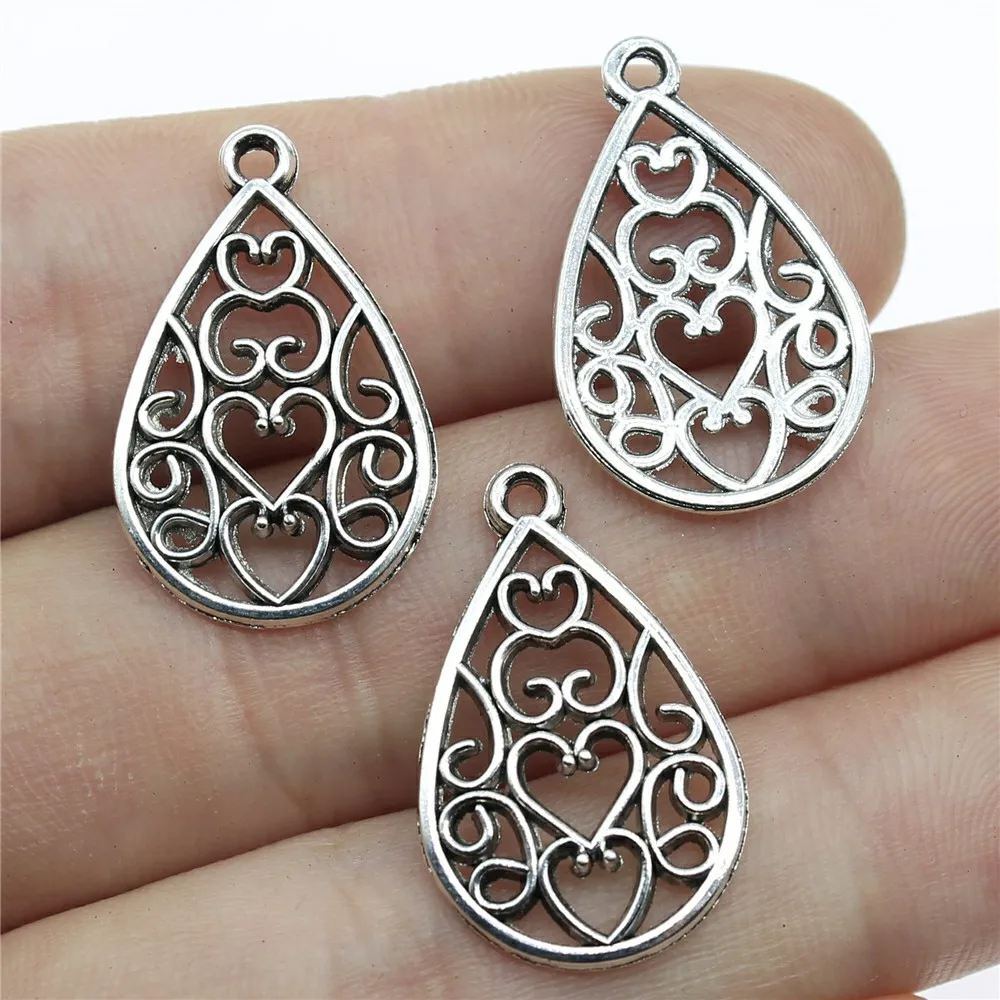 WYSIWYG 10pcs 25x15mm Filigree Heart Charms For Earring Making Hollow Heart Drop Charms Engraved Heart Teardrop Charms