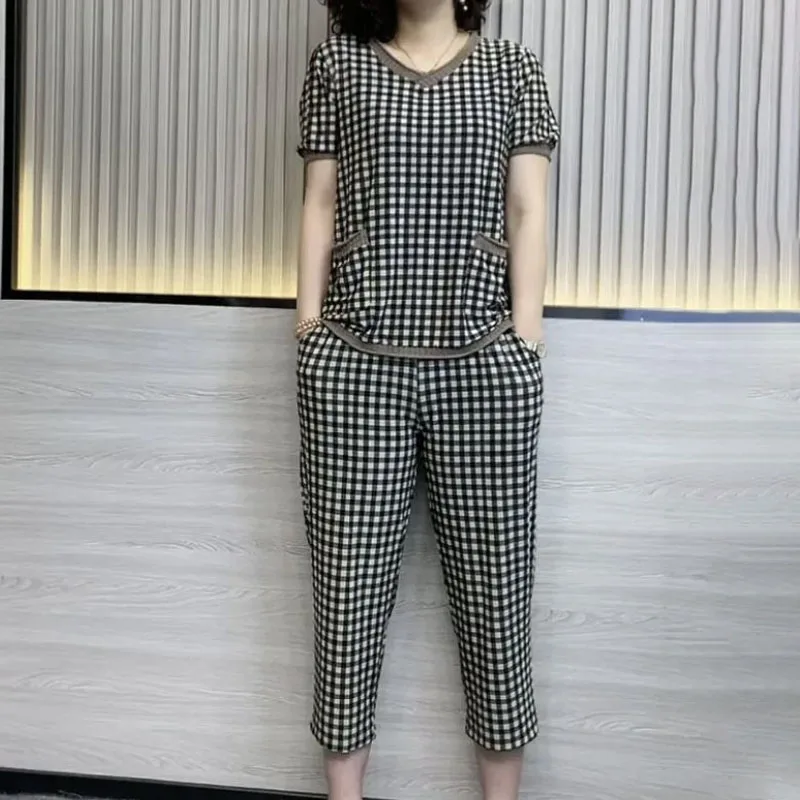 Women\'s Clothing All-match Plaid Short Sleeve T-shirt Suit 2023 Summer New Casual Fashion High Waist Cropped Pants Two Piece Set