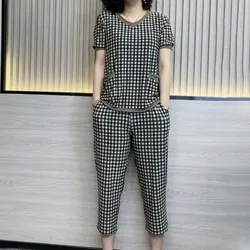 Women's Clothing All-match Plaid Short Sleeve T-shirt Suit 2023 Summer New Casual Fashion High Waist Cropped Pants Two Piece Set