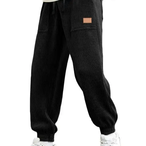 Corduroy Work Pants Men's Loose Elastic Waist Drawstring Casual Running Trousers High Waist Straight Leg Green Color