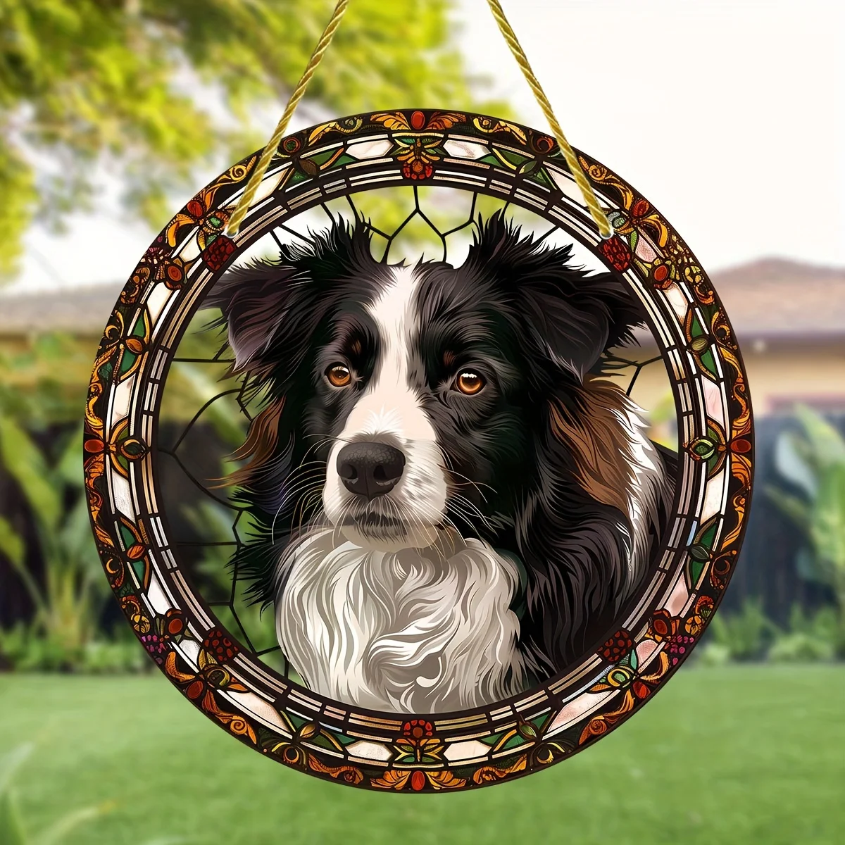 Border Collie Stained Glass Window Hanging Suncatcher,Round Acrylic Sign for All Seasons Decor,Wreath,Porch,Garden,Home,Office