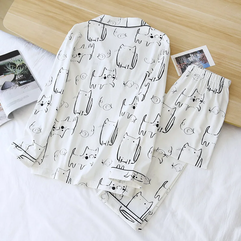 2024 spring and autumn long-sleeved trousers ladies pajamas two-piece 100% cotton cartoon home service sweet home service suit