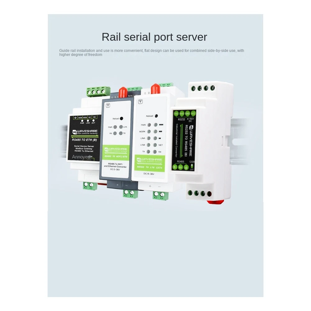 Waveshare Industrial Rail Type RS232 to RS485 Converter 300-115200Bps Active Digital Isolation Wide Voltage