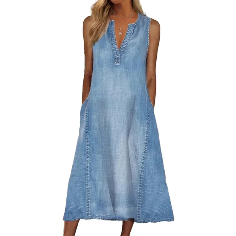 Frauen Seite Doppelt asche tief V-Ausschnitt Pullover Kleid dünne Jeans ärmellose Kleider 2024 Sommer lässig weibliche Büro Pendler Kleid