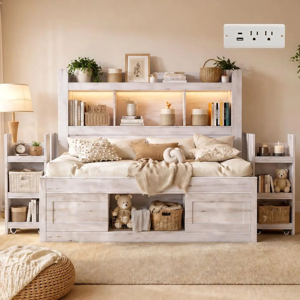 Daybed with Bookcase Storage Headboard amp Hidden Bedside Racks, Bed with Cabinet, RGB LED, Charging Station, No Box Spring Nee
