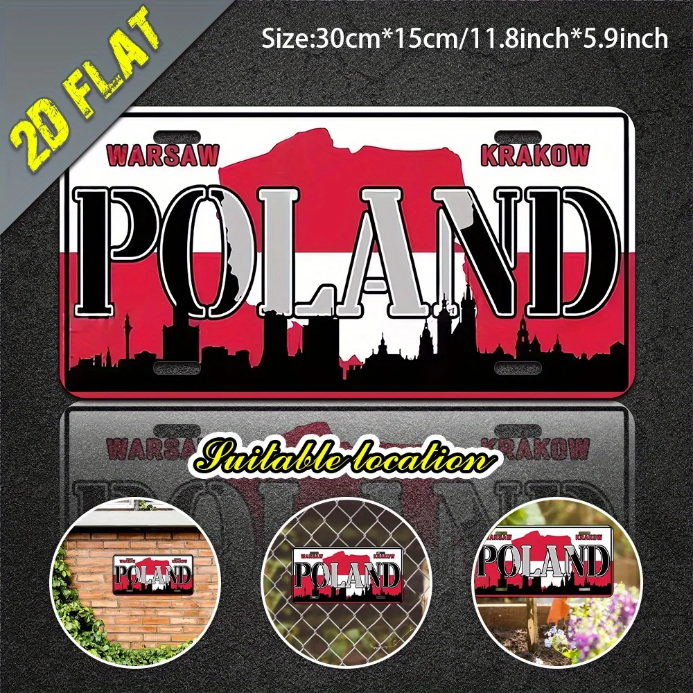 Polen Flagge Warschau Krakau Stadt Skyline Nummernschild-Stil Aluminium Metallschild Retro Reise-Souvenir Wandkunst Deko für Zuhause Bar