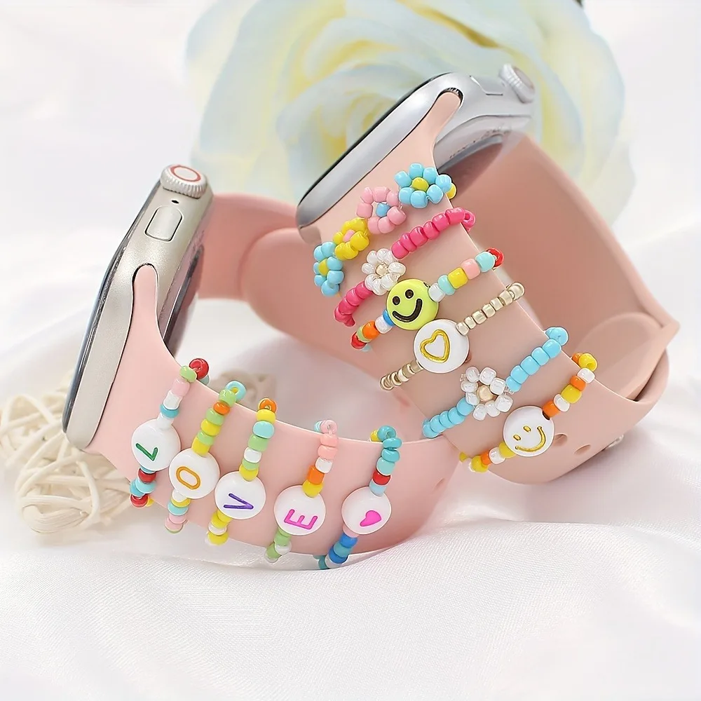 5/6pcs Cute Beaded Watchband Ring Loops, LOVE Heart Flower Smile Face Charms Decorations Compatible With IWatch Series Band, Tha