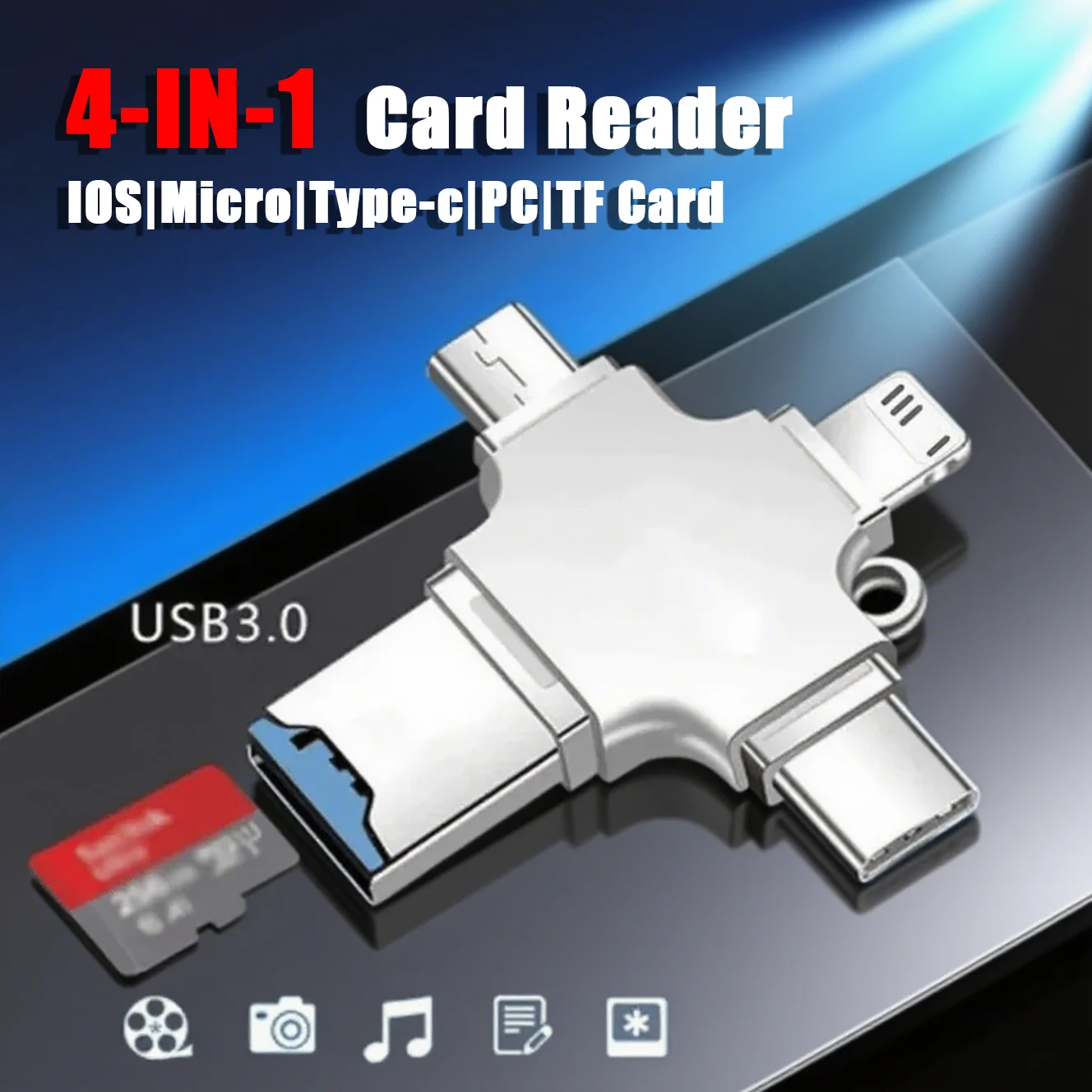 

4-в-1 USB 3.0 OTG Card Reader Type-C/Micro SD/TF адаптер для iPhone Samsung Huawei Xiaomi ПК Ноутбук Высокоскоростная передача данных