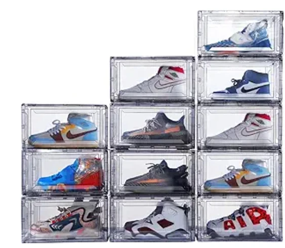 12 Pack Acrylic Clear Shoe Boxes– Ultra Clear Plastic Stackable Sneaker Storage For Sneakerhead. Professional Grade Shoe Display