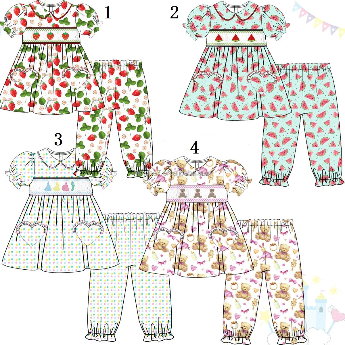 

Hot selling fashion boutique baby girl clothes short sleeve strawberry watermelon bear print trousers two piece pajamas set sist