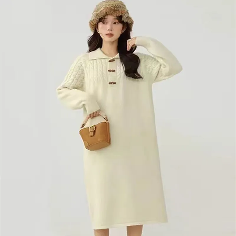 Autumn and Winter Pregnant Women's Knitted Dresses Solid Color Long Sleeve Turn-down Collar Button Fly Maternity Straight Dress