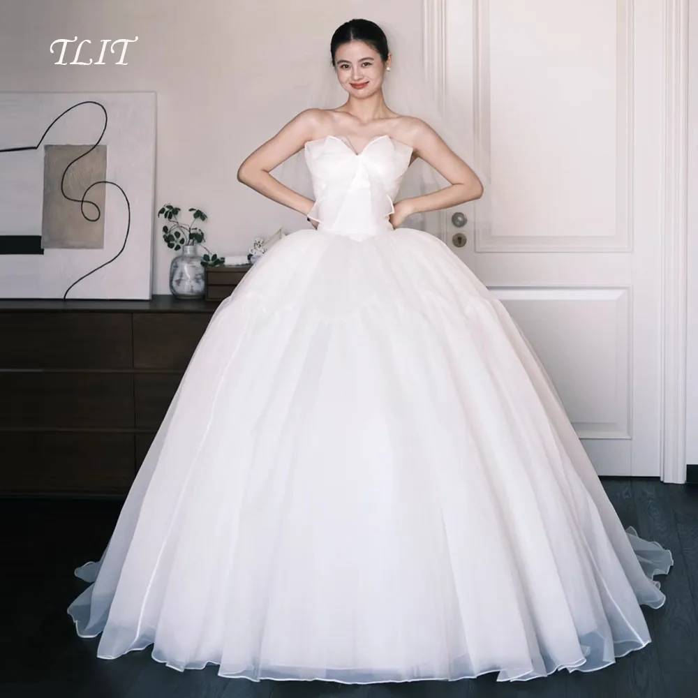TLIT فساتين زفاف أنيقة من الأورجانزا العاجية فساتين زفاف كورية لالتقاط الصور بدون حمالات بفيونكة كبيرة فستان زفاف مخصص #1