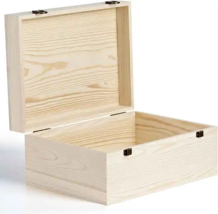 Home Deco Large Unfinished Wooden Box Organizer with Hinged Lid Wood Color Stash Wooden Storage Box Decorative Boxes with Lids