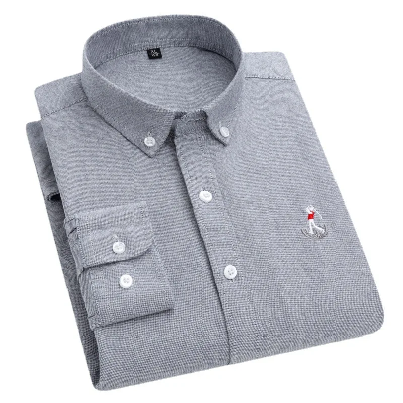 Cotton oxford shirt knight pattern embroidered shirt cotton pocketless casual fashion long sleeve shirt