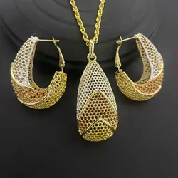 Trendy Dubai 24K Gold Plated Jewelry Set Copper Earrings Pendant Necklace Women Golden Party Anniversary Bridal Wedding Gifts