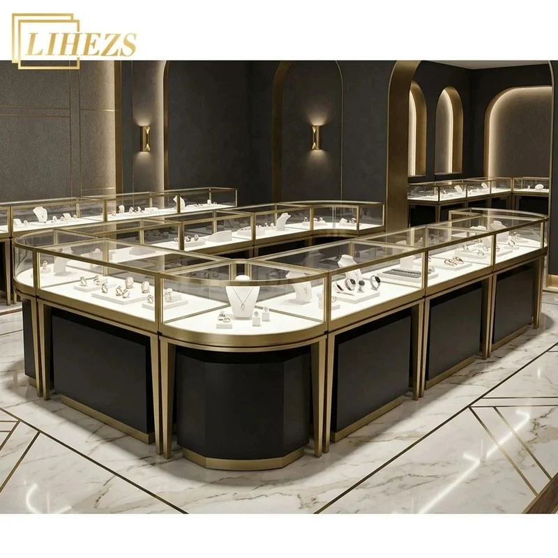 custom.Elegant Curved Black Luxury Jewelry Display Counter with LED Lighting Premium Layout Retail Stores