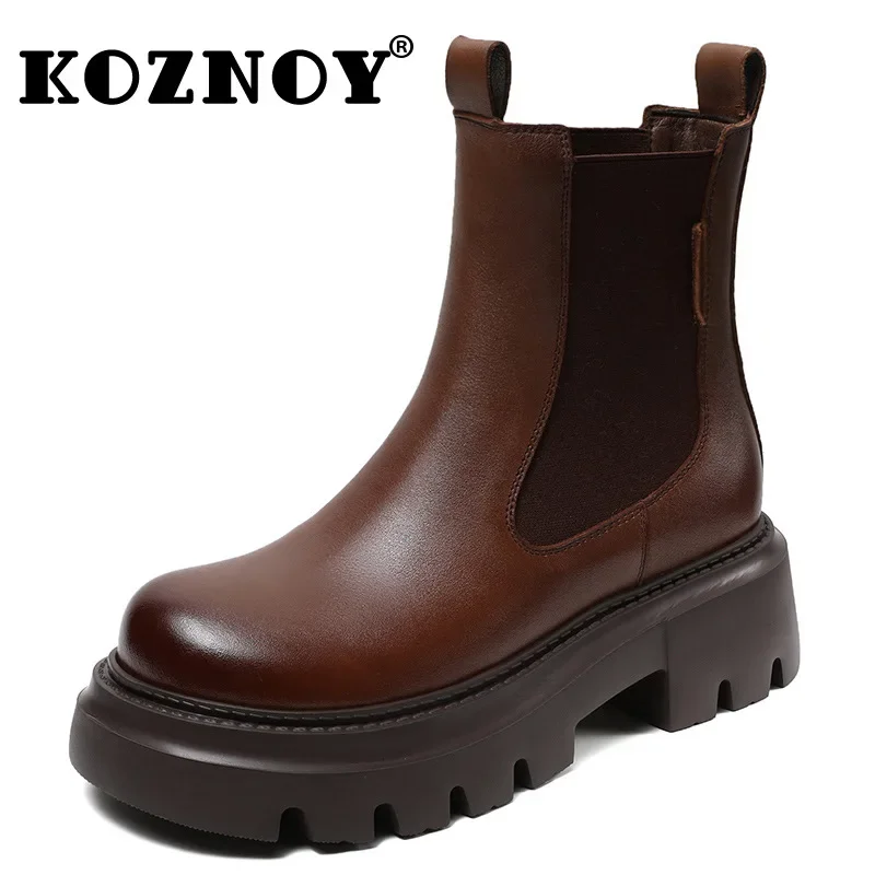 

Koznoy 5.5cm Genuine Leather Chimney Round Toe ROME Moccasins Women Ankle Boots Spring Chelsea Autumn Platform Wedge Lady Shoes