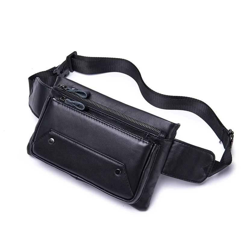 

Black Genuine Leather Waist Bag Real Cow Leather Bag for Man Multifunctional Small Boys Chest Pack