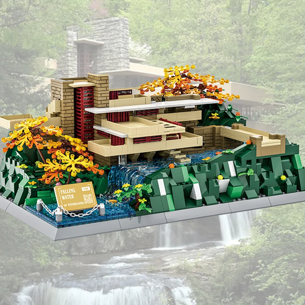 Creative World Famous Art Architecture City Street View Block United States Fallingwater House Building Brick Streetscape Toys