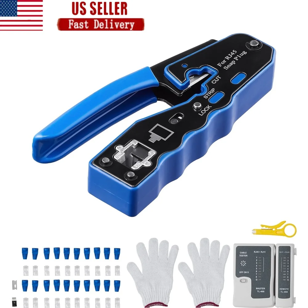 

Ethernet Crimping Tool 8P8C RJ45 Crimper Cat5e Cat6 Cat6a Includes 20 Connectors 20 Covers Mini Wire Stripper Network Tester