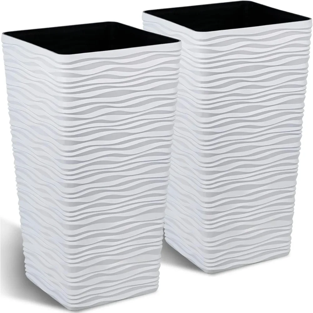 

Worth Garden 2-Pack Tall Tapered Planter - Plastic White Square Plant Pots - 22" Tall Large Tree Planter - Modern Matte Wavy