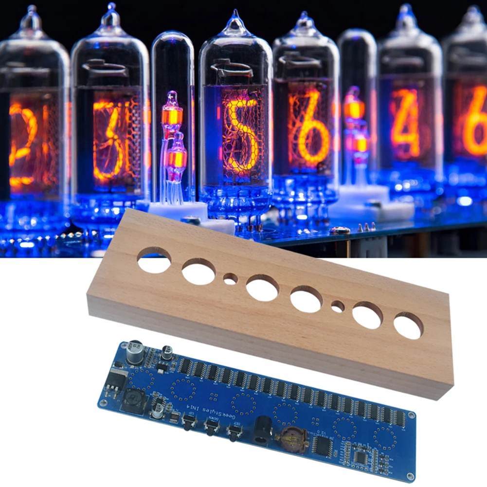 IN14 świecący zestaw montażowy zegarowy DC12V 1A bukowa powłoka z drewna IN14 Nixie Tube cyfrowy zegar LED elektroniczny zestaw do majsterkowania do