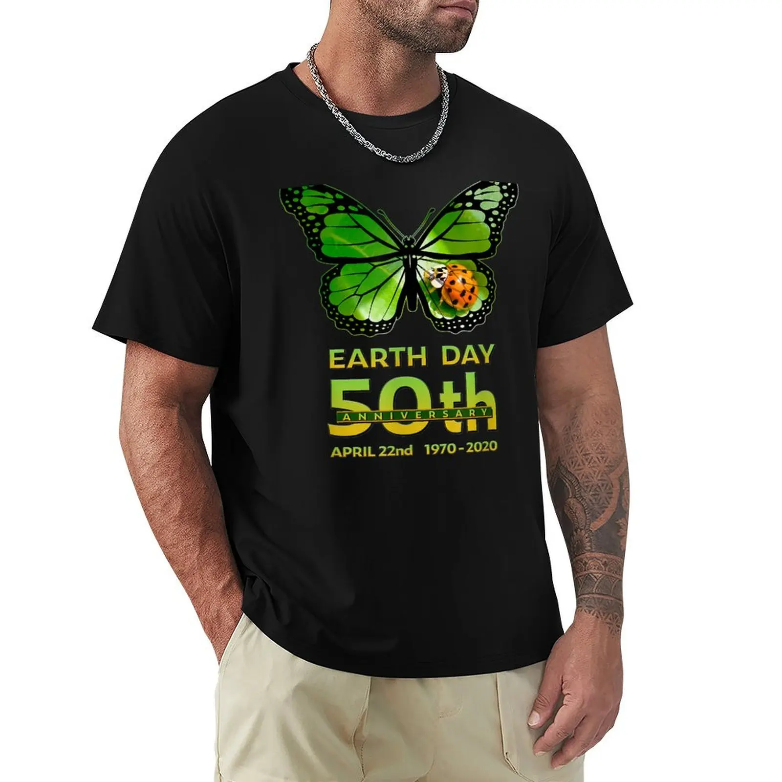 Earth Day 50th Anniversary Butterfly and Ladybug Silhouette T-shirt tees summer top blanks blacks mens clothing