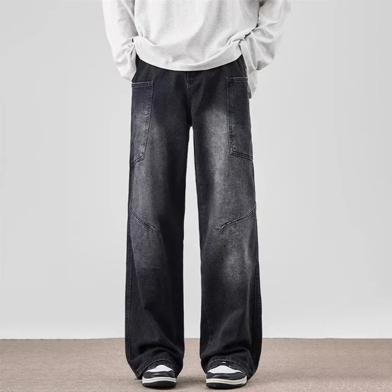 

Весенние мужские винтажные джинсы-карго с несколькими карманами Y2K, винтажные мешковатые джинсовые брюки с потертостями, 2025 г., прямые широкие джинсы High Street