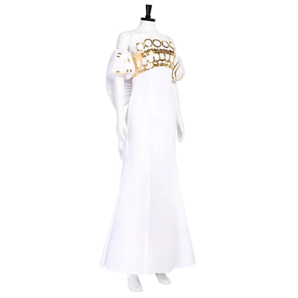 Anime Princess White Mermaid Long Dress Cosplay Costume with Wig Golden Decoration Evening Gown for Halloween Party view 3
