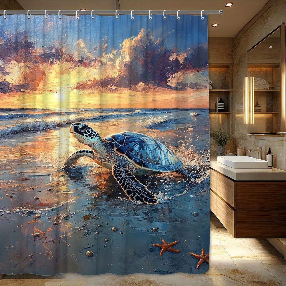 

1 шт., пляжная занавеска для душа Majestic Sea Turtle Sunset, Turtle Emerging from Ocean, Hues of Sunset and Starfish, Romantic Coastal Desi
