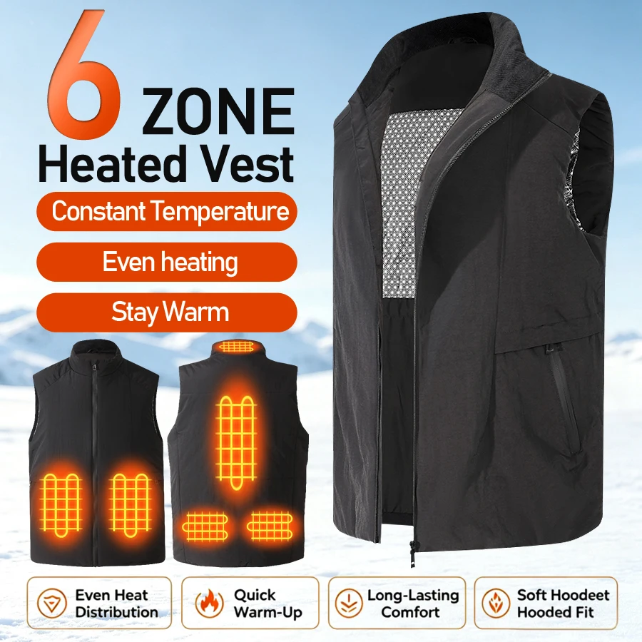 **Men Women 6-Zone Electric Heating Vest Winter Thermal Warm Graphene Heated Jacket Stand Collar Windproof Outdoor Vest for Skii