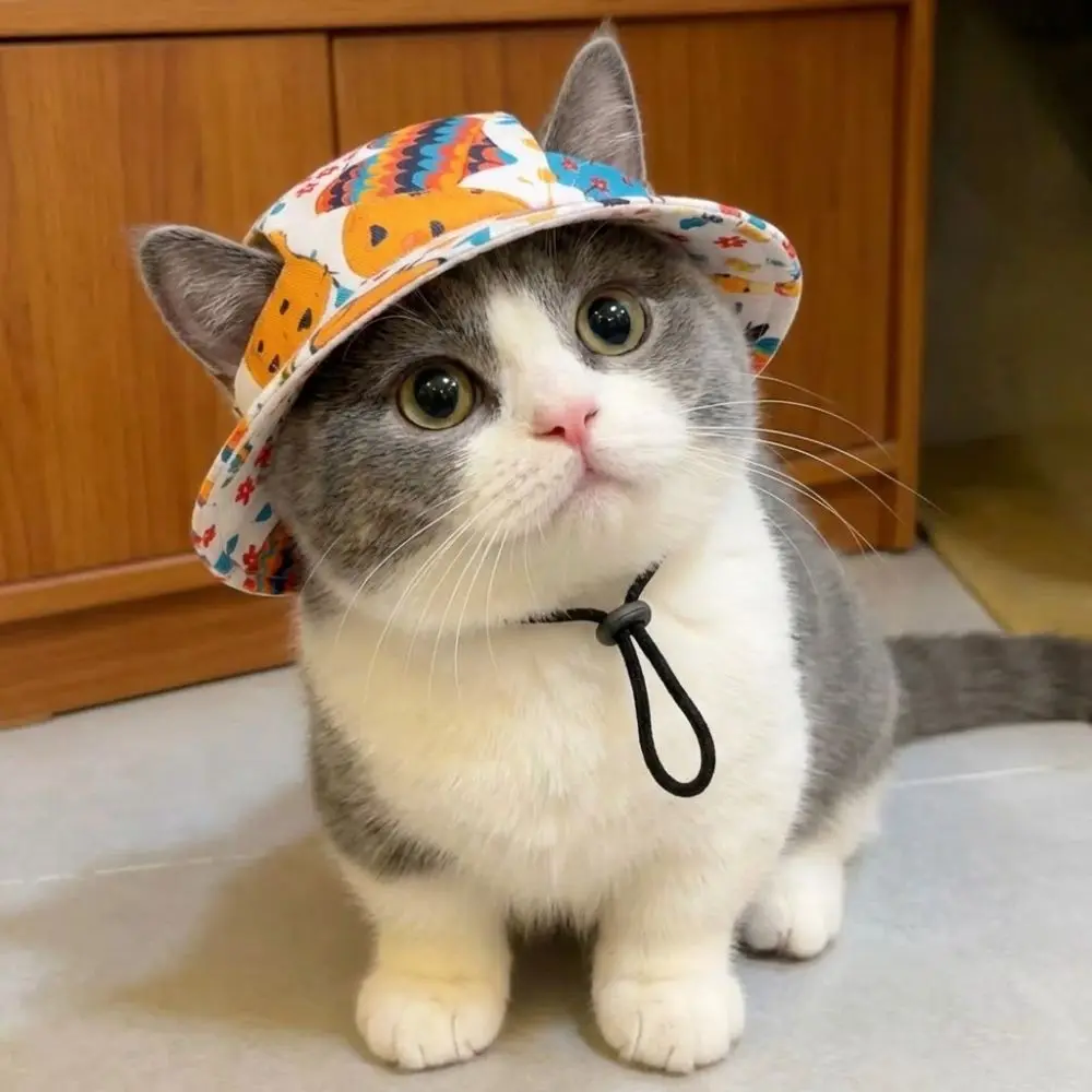 Breathable Cat Dog Sun Hat with Ear Holes Adjustable Drawstring Pet Bucket Hat Lightweight UV Protection Pet Cowboy Hat
