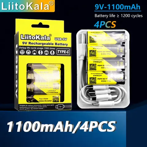 LiitoKala USB-9V 6F22 9V Li-ion Lithium Battery for Multimeter Microphone Toy Remote Control KTV+4-in-1 Type-C charging cable