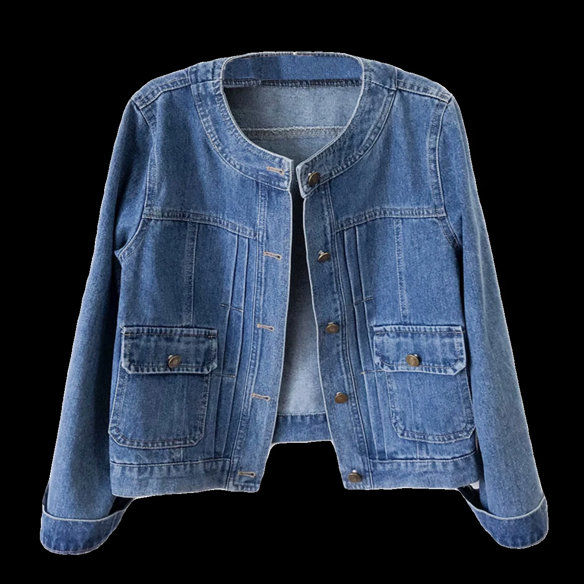 Niebieska kurtka dżinsowa z dekoltem w kształcie litery O, damska, wiosenna, jesienna, z długim rękawem, dopasowana, na co dzień, krótki płaszcz, modny, jednorzędowy, koreański top