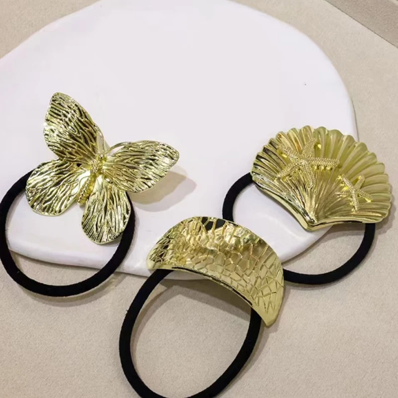 

New Fashion Convex Geometric Textured Metal Hair Bands Elastic Hair Scrunchies Hair Rope Headbands Women Girl Hair Accessories