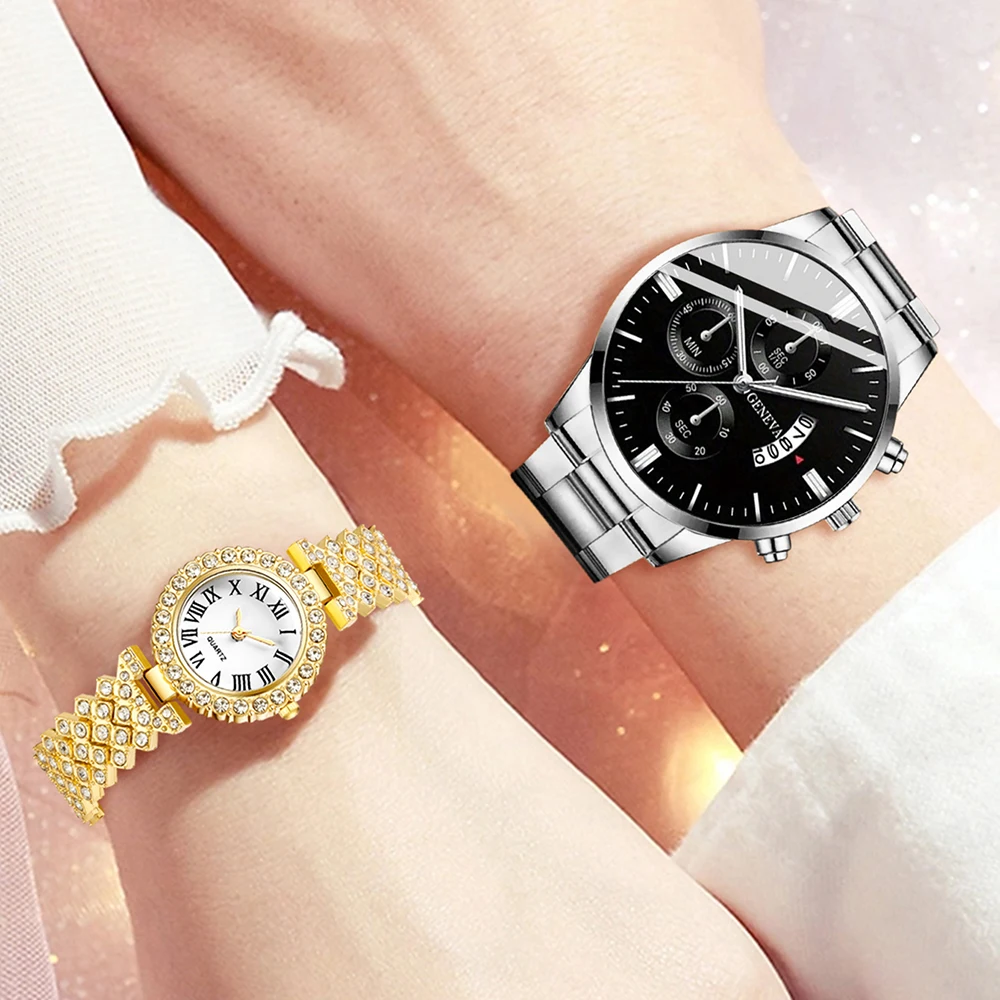 4 Piece Couple Watch Fashionable And Simple Rhinestone Women\'s Quartz Watch Alloy Strap Men\'s Watch Bracelet Set