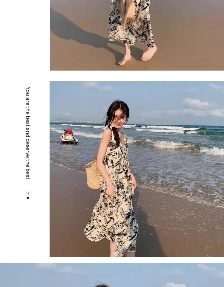 2025 ศิลปะหมึกดอกไม้ Sundress ภาษาฝรั่งเศสคําได้อย่างง่ายดาย Maxi Beach Dress ผู้หญิง Linen Blend Gallery รีสอร์ทสายรัดปรับ
