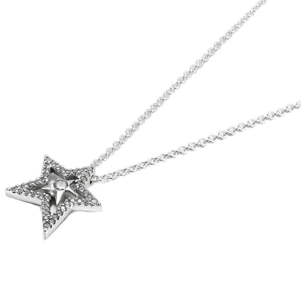 925 Sterling Silver Statement Halo Snowflake Round & Square Stars Fashion Collier Necklace Fit Women Bead Charm Gift DIY Jewelry