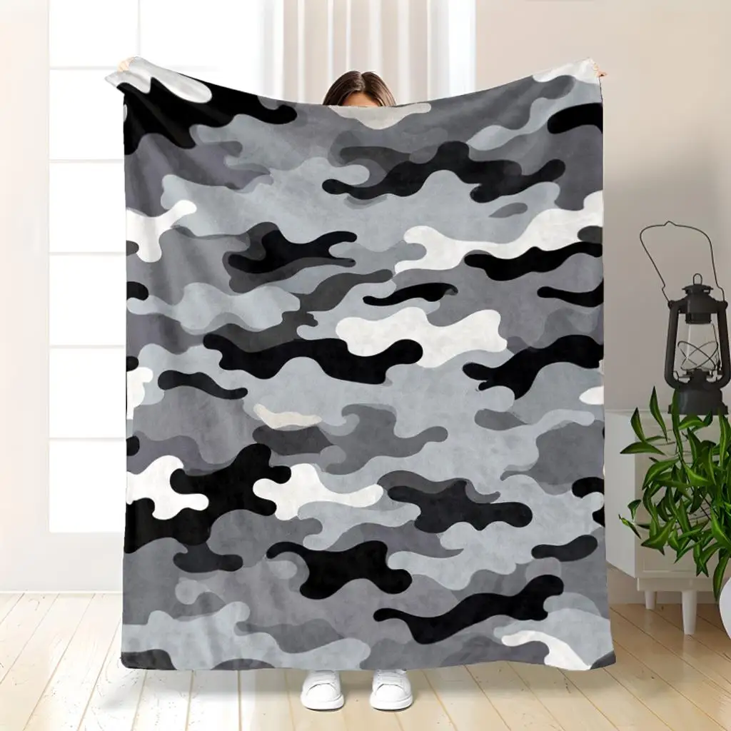 Gray Camouflage Blanket Military Style Pattern Soft Fleece Throw Cozy Home Decor Gift For Men Outdoor Enthusiasts And Soldiers