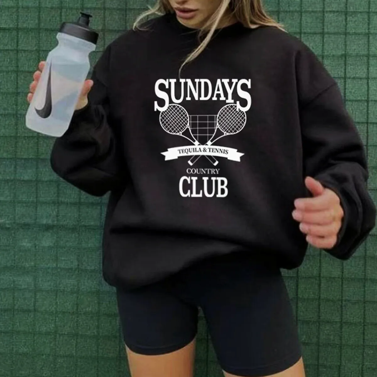 

Sundays Tequila Tennis Club Printing Black Cool Crewneck Sweatshirts Women Autumn Winter Thick Warm Fleece Pullover Y2K Jumpers