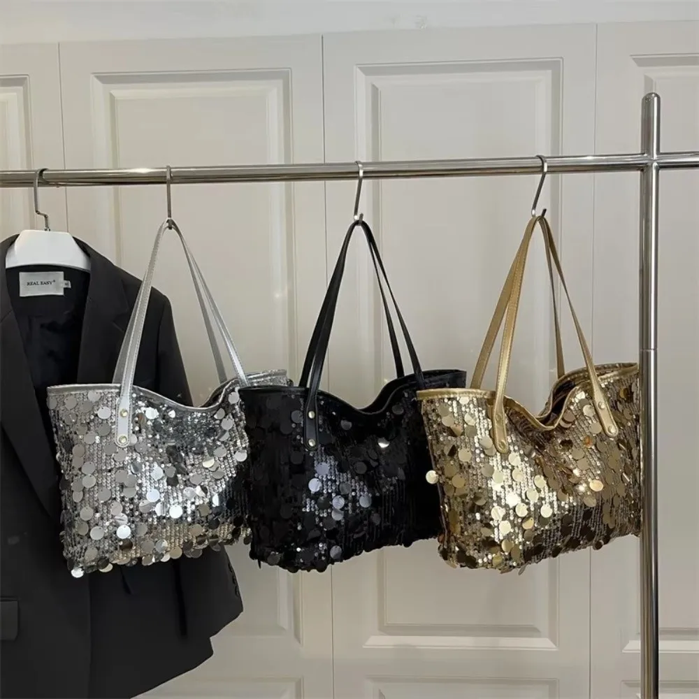 

Versatile Elegant Sequin Evening Hand Bag Solid Color Sparkling Glitter Clutch Large Capacity Women Tote Bag Wedding Event
