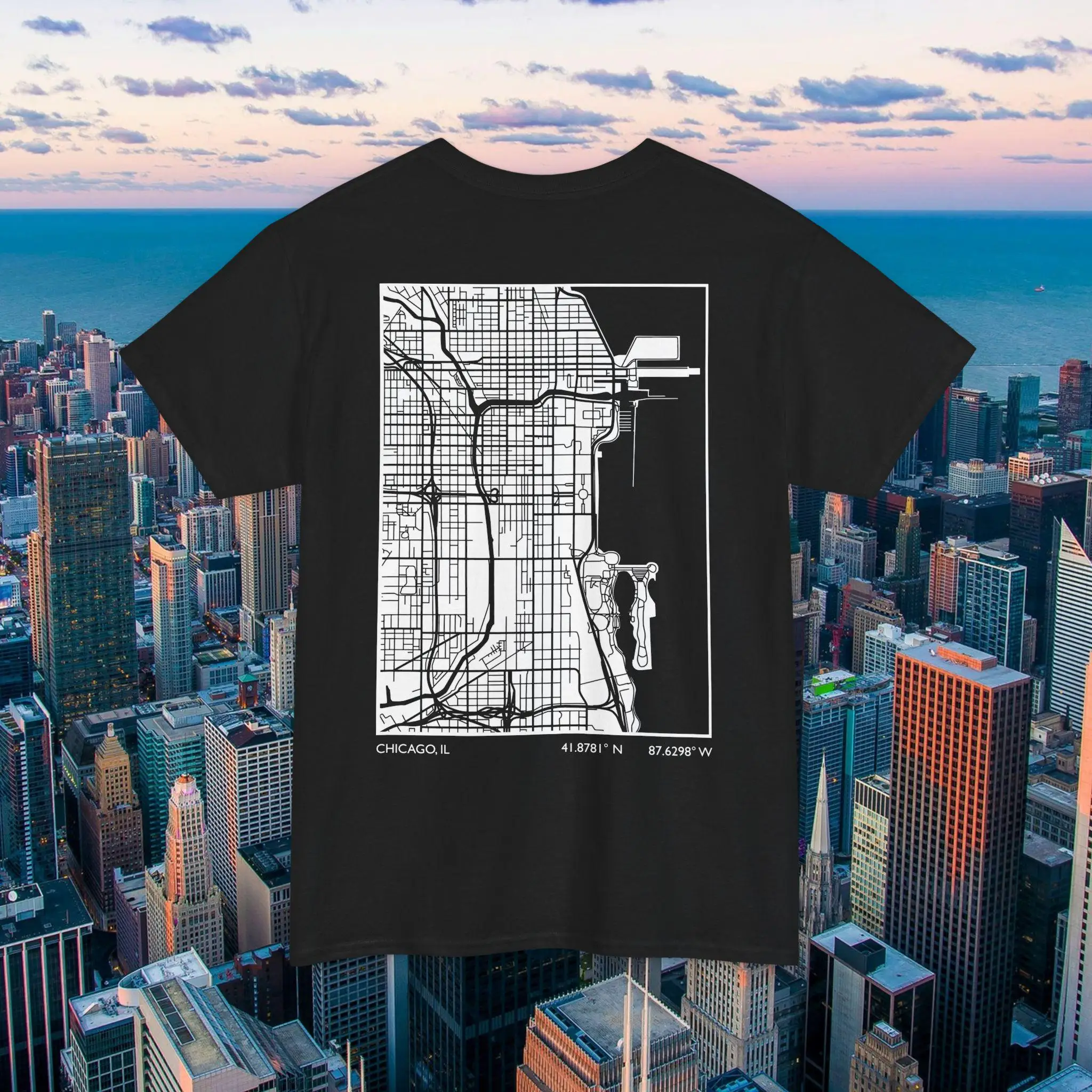 Chicago City Map Printed Pattern T-shirt Men's Minimalist Street Coordinate Art Short Sleeve T-shirt Neutral Casual Cotton Top