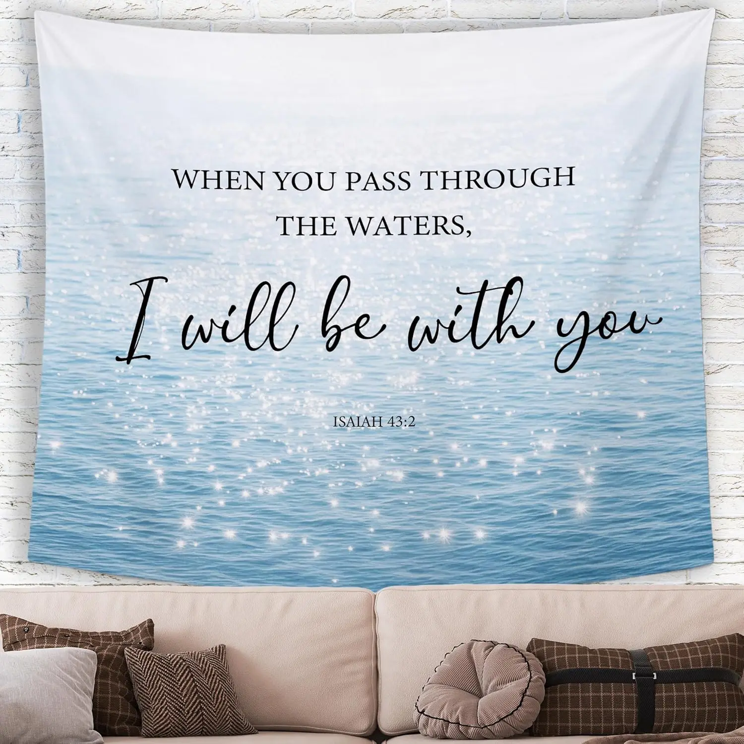 Christian Sea Ocean Coastal Wall Tapestry Hanging for Bedroom, Bible Verse When You Pass Through The Waters Banner, Blue Summer