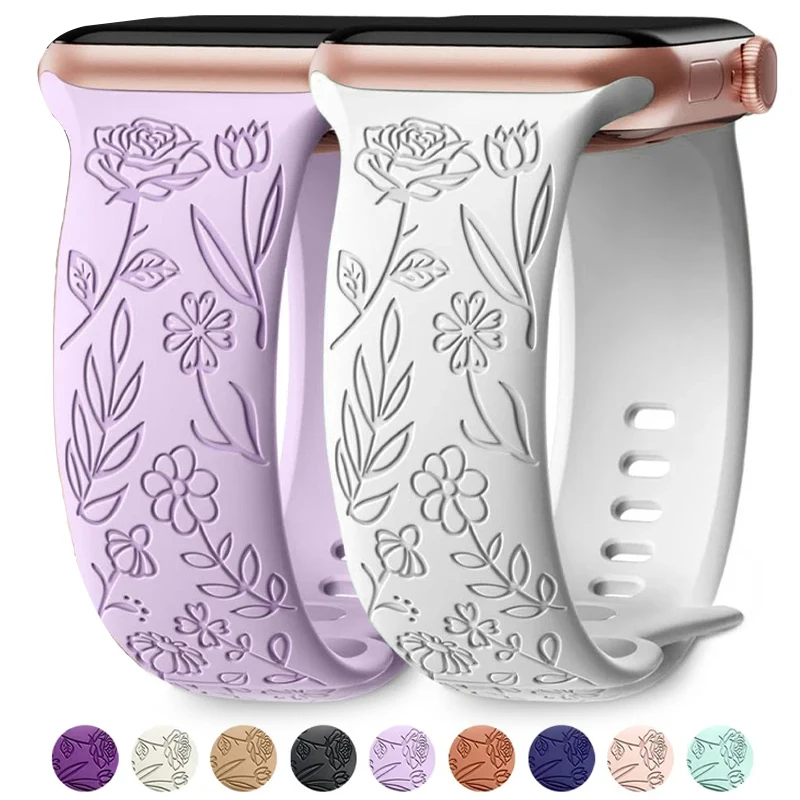 Correa de silicona con grabado Floral para Apple Watch Ultra 2, banda de 49mm, 45mm, 40mm, 41mm, pulsera de moda para IWatch Series 9, 8, 7, 6, 5, 4, 3, se