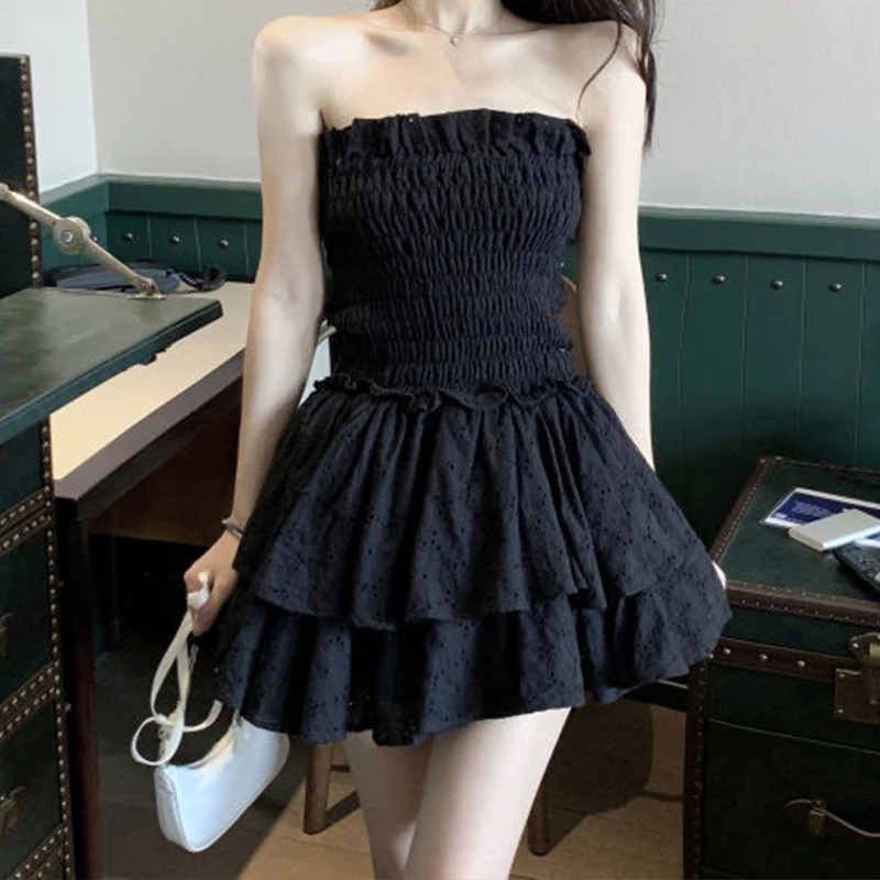 Houzhou weiße Spitze träger loses Mini kleid süß sexy rücken frei Gürtel Taille Rüschen lässig schlanke Kleider Party Urlaub kurzes Kleid