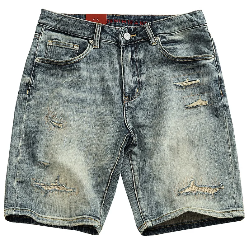 ฤดูร้อนสีฟ้าอ่อนคิดถึงล้างกางเกงขาสั้นผ้ายีนส์ผู้ชายใหม่ผ้าฝ้ายยืดกางเกงยีนส์สบายๆอินเทรนด์แบรนด์หลอดตรงกางเกงขาสั้นย้อนยุค