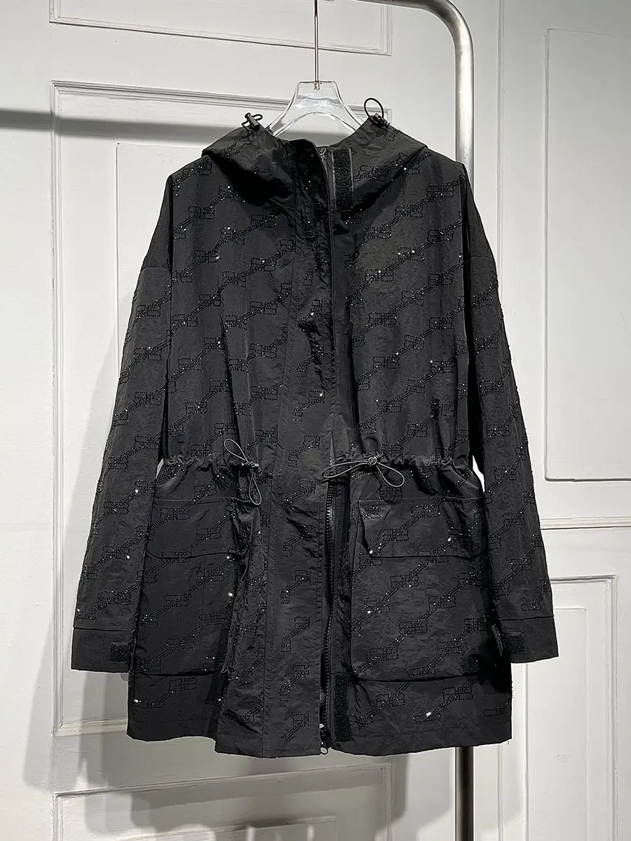 Vintage Harajuku Kapuzen-Trenchcoat für Damen, Frühling und Herbst, Diamant-Schnürjacke, langärmeliges Sweatshirt mit Reißverschluss, Trenchcoat-Oberteil