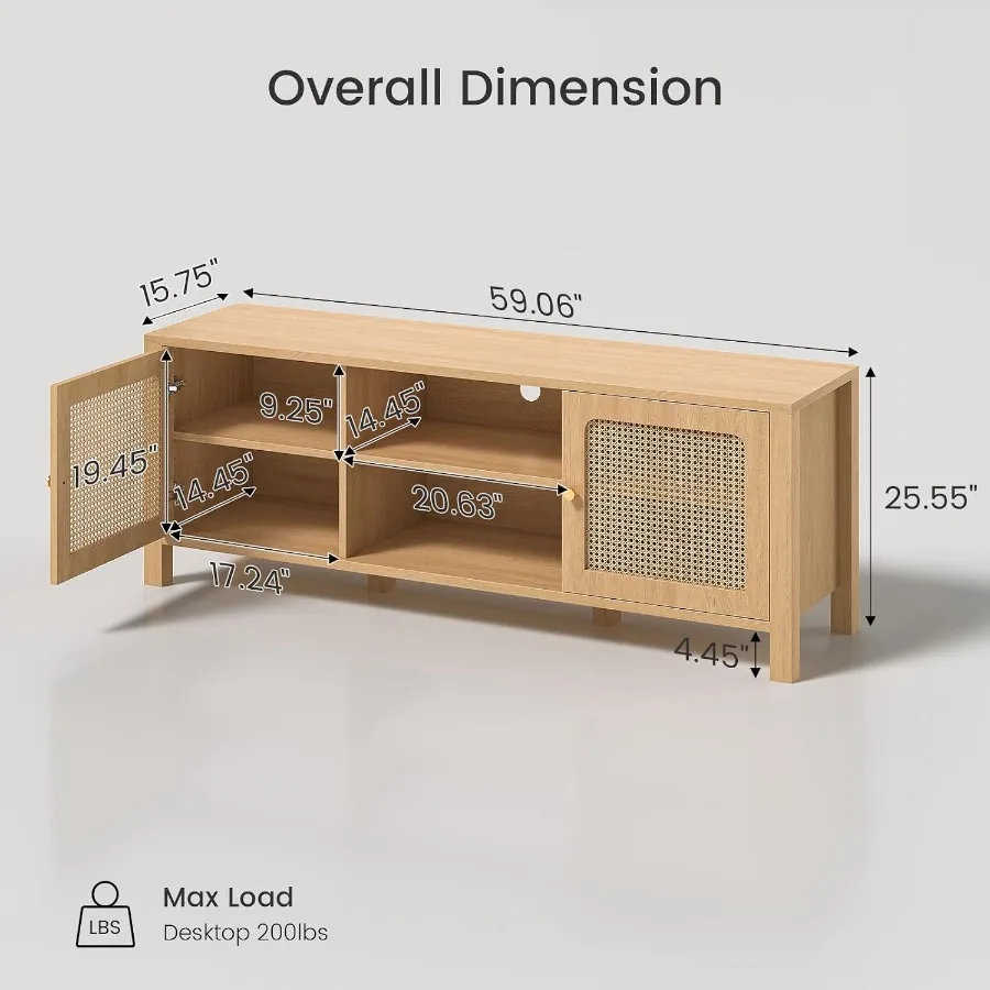 Rattan TV Stand with Adjustable Shelf and Open Shelves, Natural Oak